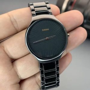 Rado Black Ceramic Bracelet Watch with a Minimalist Black Sunburst Dial
