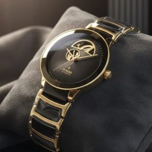 Rado Watch With a Black and Gold Design and a Skeleton Dial