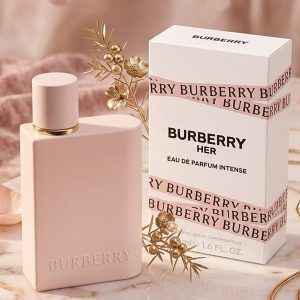 Burberry “Her Eau de Perfume Intense” Fragrance In a Matte Soft Beige Bottle With a Gold Tone Collar