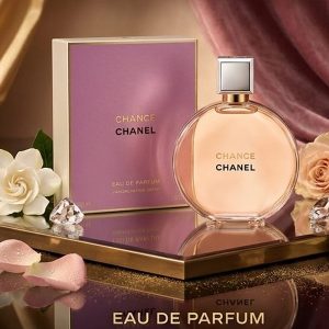 Chanel Chance Eau De Perfum In Warm Golden Toned Glass Bottle With Pink And White Box