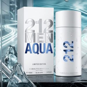 Carolina Herrera Cylindrical Perfume Bottle With Silver Body And Blue Accents