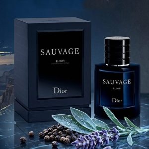 Dior Sauvage Elixir Perfume Bottle With Deep Navy Blue Glass And a Glossy Black Cap