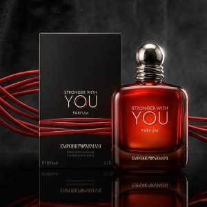 Emporio Armani Stronger With You Perfume Bottle in Deep Amber Red With Black Packaging