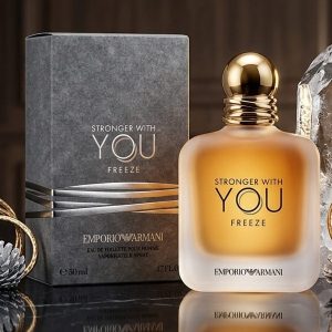Emporio Armani Stronger With You Freeze Perfume Bottle With an Amber-Orange Center And Frosted White Glass
