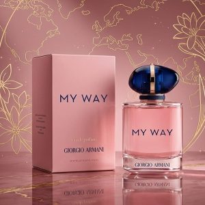 Giorgio Armani My Way Perfume In a Blush Pink Glass Bottle With a Navy Blue Gemstone Cap