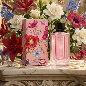 Gucci Pink Perfume Bottle With Black Ribbon Cap And Floral Box Packaging