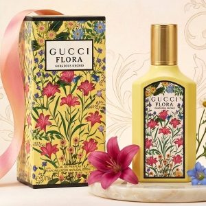 Gucci Flora Gorgeous Orchid Eau de Perfume In a Bright Yellow Bottle With a Floral Patterned Label