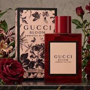 Gucci Bloom Ambrosia di Fiori Red Perfume Bottle With Black Trim And Beige Label