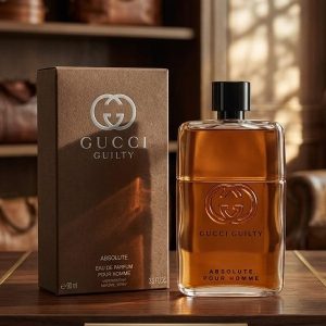 Gucci Guilty Absolute Pour Homme Perfume Bottle In Amber Brown Glass With A Black Cap
