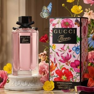 Gucci Flora Soft Pink Glass Perfume Bottle With Black Bow Detail