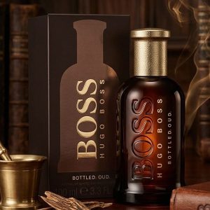 Hugo Boss Bottled Oud Perfume With a Dark Brown Bottle And Gold Cap