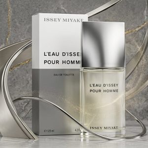 Issey Miyake Perfume Bottle With a Silver White And Light Yellow Design
