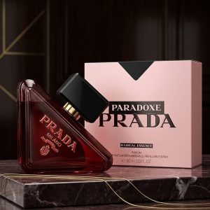 Prada Deep Red Triangle Perfume Bottle With Bold Black Cap