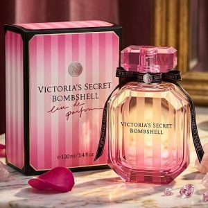 Victoria's Secret Bombshell Perfume With a Pink Striped Box And Pink Bottle