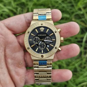 versace greca black dial gold tone watch