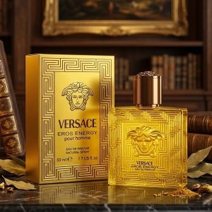 Versace Eros Energy Eau de Perfume Featuring a Vibrant Yellow Bottle With a Brown Cap