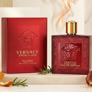 Versace Eros Flame Eau de Perfume In a Red Glass Bottle With Gold Accents