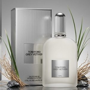 Tom Ford Grey Vetiver Eau de Perfume in An Off-White Bottle With a Silver Cap