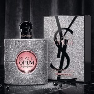 Yves Saint Laurent Black Opium Eau de Perfum With A Silver Glitter Bottle And Pink Accents