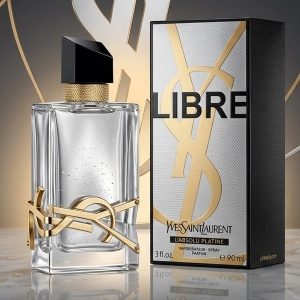 Yves Saint Laurent Libre L’Absolu Platine Silver Perfume Bottle With Gold YSL Logo Accents