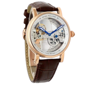 Patek Philippe Automatic Rose Gold Transparent Dial Leather Strap